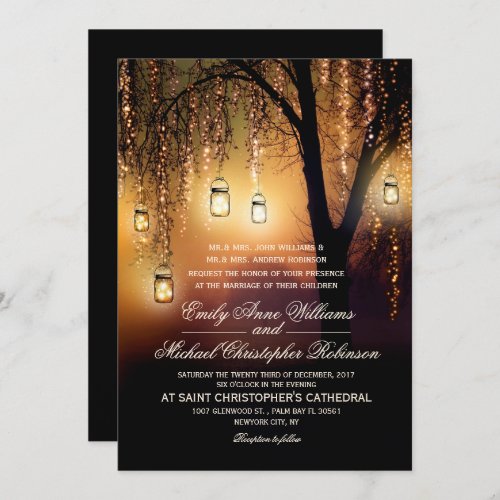 Mason Jars String Lights Elegant Rustic Wedding Invitation - Rustic mason jars and string lights on old willow tree country wedding invitation for summer, fall, spring or winter wedding! Perfect design for the country wedding with mason jars lighting and strings of lights decor with fairy dust