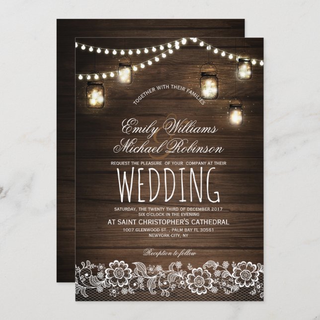Mason Jars String Lights Elegant Rustic Wedding Invitation (Front/Back)