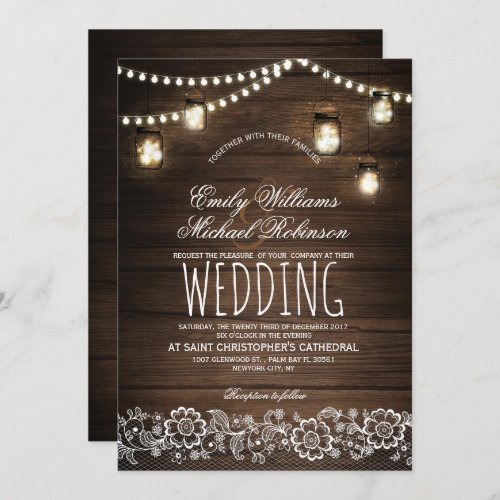 Mason Jars String Lights Elegant Rustic Wedding Invitation - Rustic mason jars with string lights brown wood background lace wedding invitation for summer, fall, spring or winter wedding! Perfect design for the country wedding with mason jars lighting and strings of lights decor. Contact me for any support in design customization. Matching products available