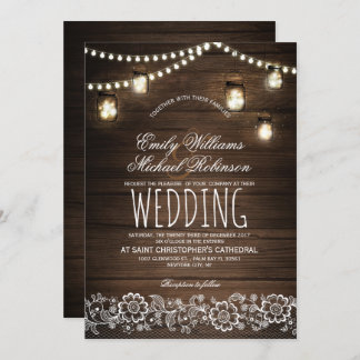 Mason Jars String Lights Elegant Rustic Wedding Invitation