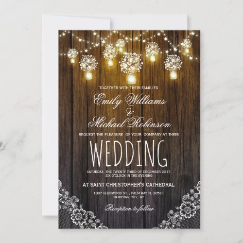 Mason Jars String Lights Elegant Rustic Wedding Invitation - Rustic mason jars with baby's breath flowers lace and string lights wood background wedding invitation for summer, fall, spring or winter wedding! Perfect design for the country wedding with mason jars lighting and strings of lights decor. Contact me for any support in design customization. Matching products available