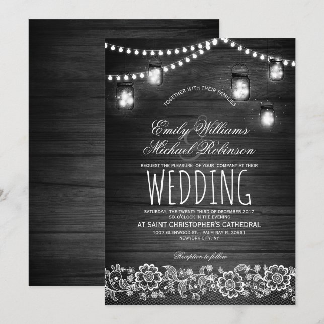 Mason Jars String Lights Elegant Rustic Wedding Invitation (Front/Back)