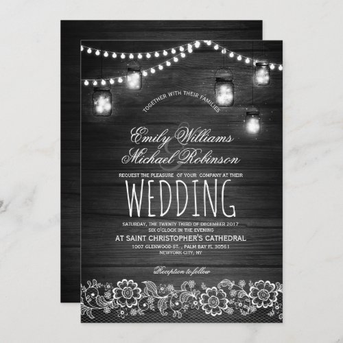 Mason Jars String Lights Elegant Rustic Wedding Invitation - Rustic mason jars with string lights black and white wood background lace wedding invitation for summer, fall, spring or winter wedding! Perfect design for the country wedding with mason jars lighting and strings of lights decor. Contact me for any support in design customization. Matching products available