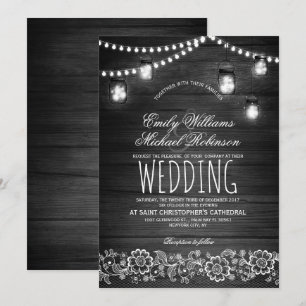 Mason Jars String Lights Elegant Rustic Wedding Invitation