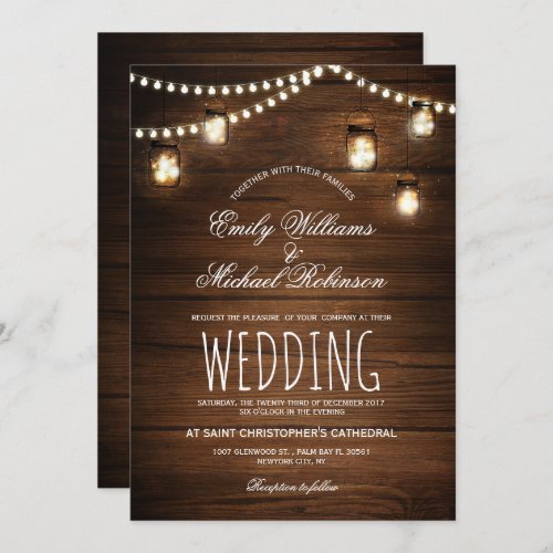 Mason Jars String Lights Elegant Rustic Wedding Invitation - Rustic mason jars with fairies and string lights purple wood background wedding invitation for summer, fall, spring or winter wedding! Perfect design for the country wedding with mason jars lighting and strings of lights decor. Contact me for any support in design customization. Matching products available
