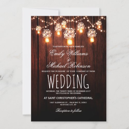 Mason Jars String Lights Elegant Rustic Wedding Invitation - Rustic mason jars with baby's breath flowers and string lights wood background wedding invitation for summer, fall, spring or winter wedding! Perfect design for the country wedding with mason jars lighting and strings of lights decor. Contact me for any support in design customization. Matching products available