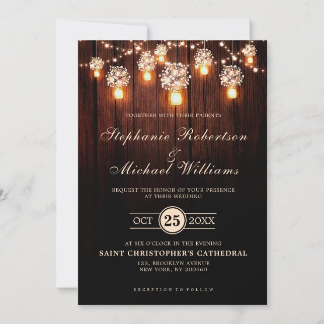 Mason Jars String Lights Elegant Rustic Wedding Invitation (Front)