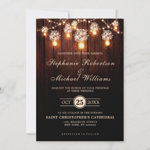 Mason Jars String Lights Elegant Rustic Wedding Invitation