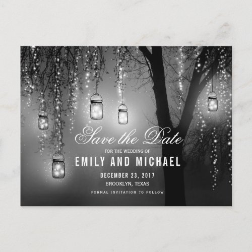 Mason Jars String Lights Elegant save the date Announcement Postcard - Rustic mason jars and string lights on old willow tree country wedding save the date postcard for summer, fall, spring or winter wedding! Perfect design for the country wedding with mason jars lighting and strings of lights decor with fairy dust