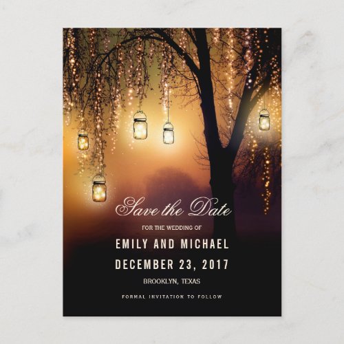 Mason Jars String Lights Elegant save the date Announcement Postcard - Rustic mason jars and string lights on old willow tree country wedding save the date postcard for summer, fall, spring or winter wedding! Perfect design for the country wedding with mason jars lighting and strings of lights decor with fairy dust