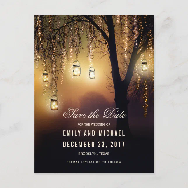 Mason Jars String Lights Elegant save the date Announcement Postcard ...