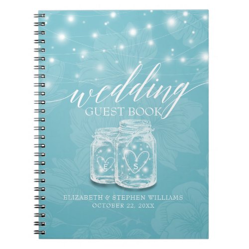 Mason Jars String Lights Flowers Wedding Guestbook Notebook