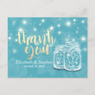 Mason Jars String Lights Flowers Wedding Thank You Postcard