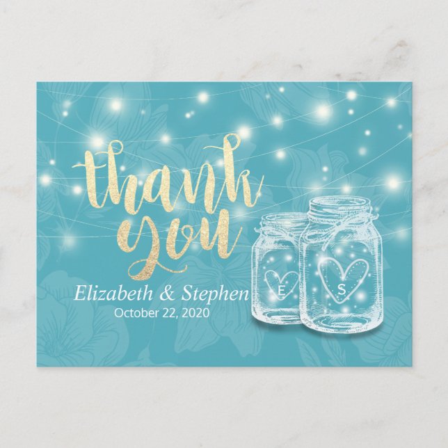 Mason Jars String Lights Flowers Wedding Thank You Postcard (Front)