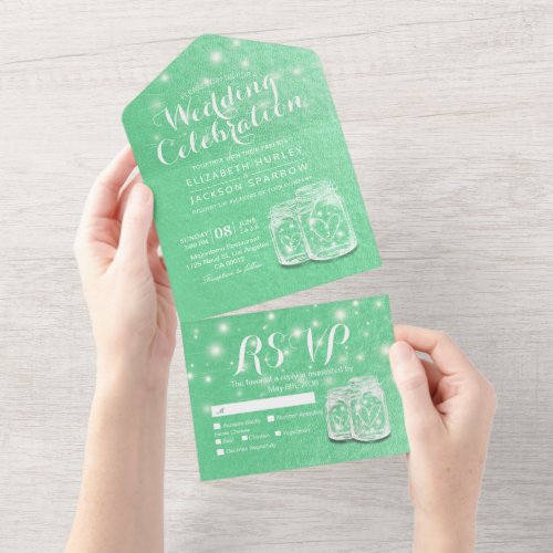 Mason Jars String Lights Green Gold Wedding RSVP A All In One Invitation