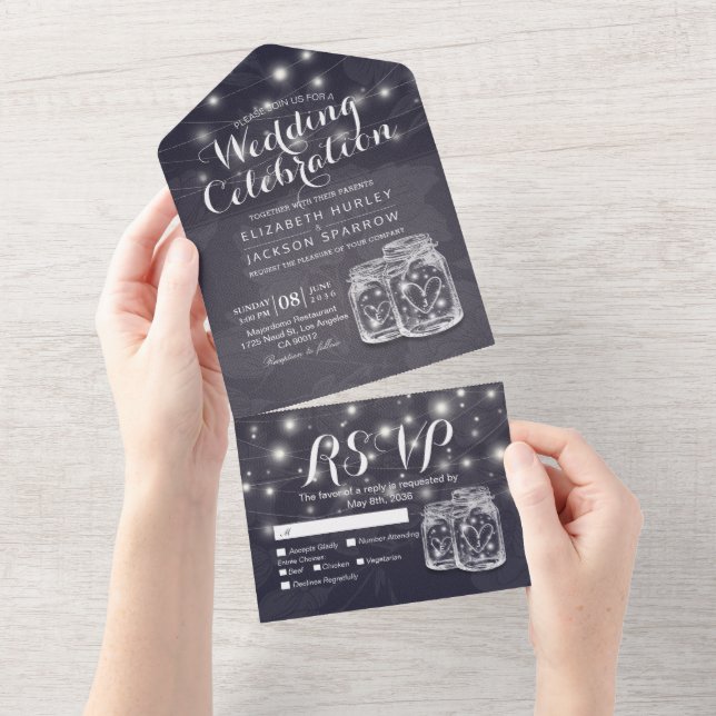 Mason Jars String Lights Navy Blue Flowers Wedding All In One Invitation (Tearaway)