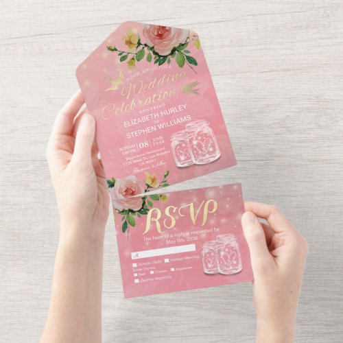 Mason Jars String Lights Pink Flowers Wedding RSVP All In One Invitation