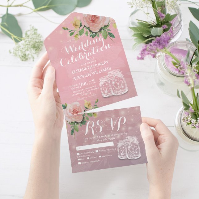 Mason Jars String Lights Pink Flowers Wedding RSVP All In One Invitation (Creator Uploaded)
