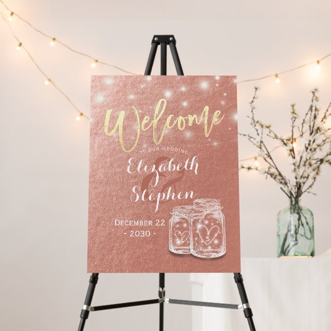 Mason Jars String Lights Rose Gold Wedding Welcome Foam Board (In Situ (Stand))
