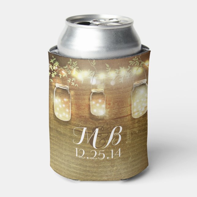 Mason Jars String Lights Rustic Barn Wood Can Cooler (Can Front)