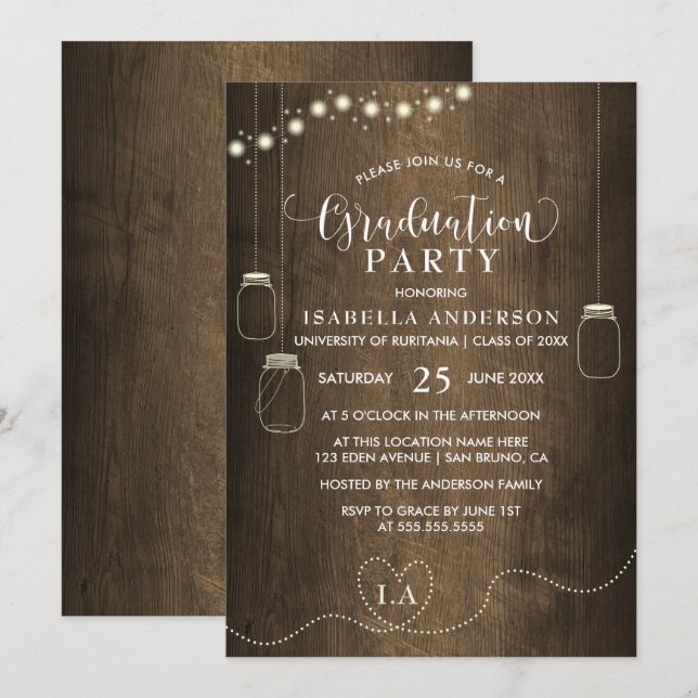 Mason Jars String Lights Rustic Wood Graduation Invitation (Front/Back)
