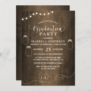 Mason Jars String Lights Rustic Wood Graduation Invitation