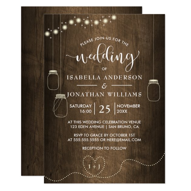 Mason Jars String Lights Rustic Wood Wedding Invitation