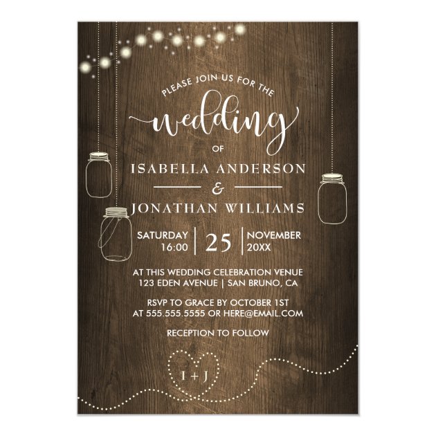 Mason Jars String Lights Rustic Wood Wedding Invitation