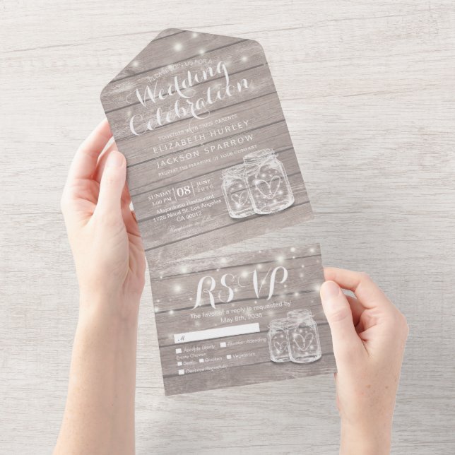 Mason Jars String Lights Rustic Wood Wedding RSVP  All In One Invitation (Tearaway)