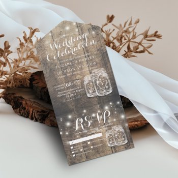 Mason Jars String Lights Rustic Wood Wedding Rsvp All In One Invitation by ReadyCardCard at Zazzle