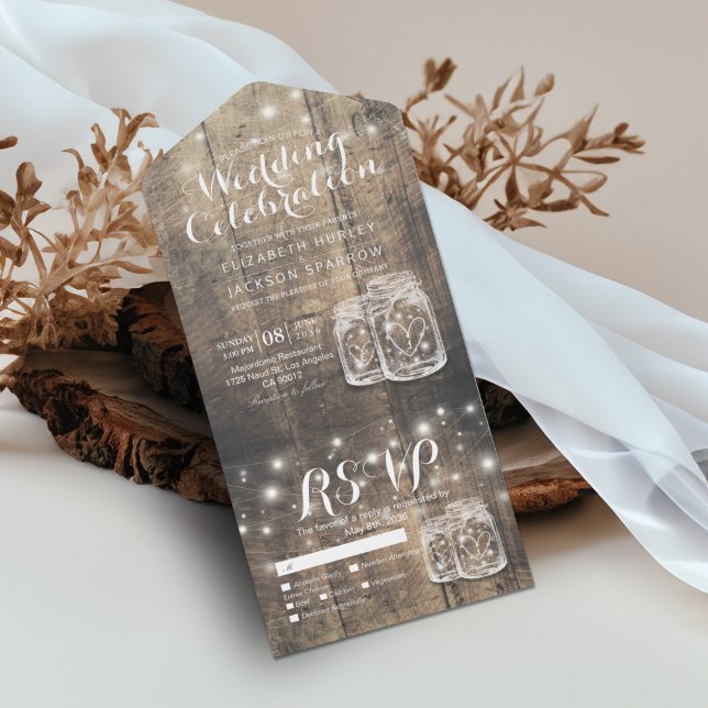 Mason Jars String Lights Rustic Wood Wedding RSVP All In One Invitation (Creator Uploaded)