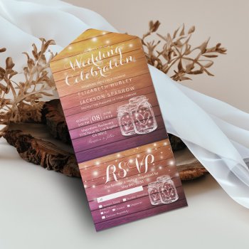 Mason Jars String Lights Rustic Wood Wedding Rsvp  All In One Invitation by ReadyCardCard at Zazzle