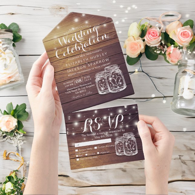 Mason Jars String Lights Rustic Wood Wedding RSVP  All In One Invitation (Creator Uploaded)