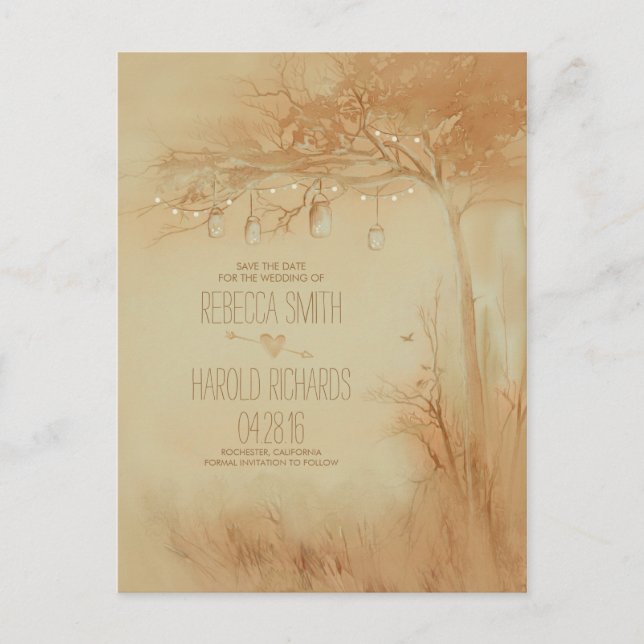 Mason Jars String Lights Tree Rustic Save The Date Announcement Postcard (Front)