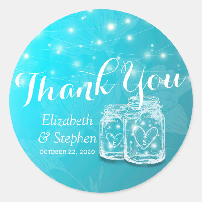 Mason Jars & String Lights Wedding Favor Thank You Classic Round ...