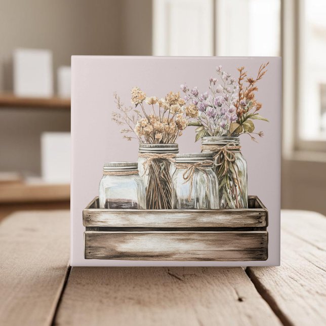 Mason jars, wildflowers in wooden crate farmhouse ceramic tile (Creator Uploaded)