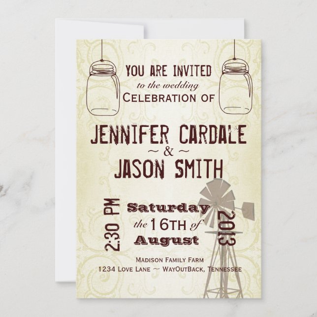 Mason Jars Windmill Country Wedding Invitations (Front)