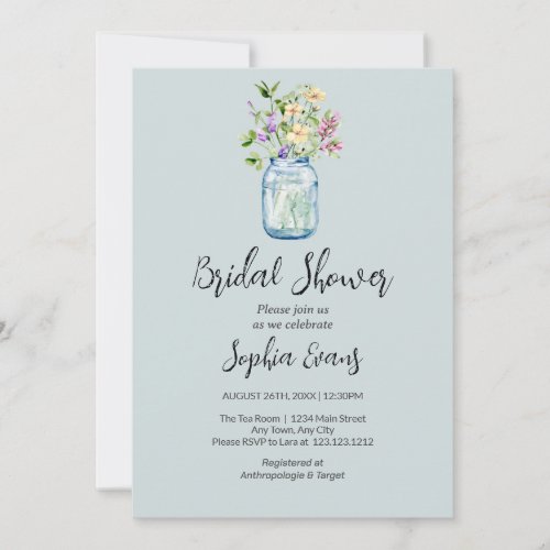 Mason Jars With Flowers Blue Bridal Shower Invitation