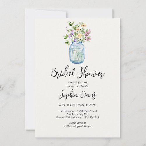 Mason Jars With Flowers Cream Bridal Shower Invitation