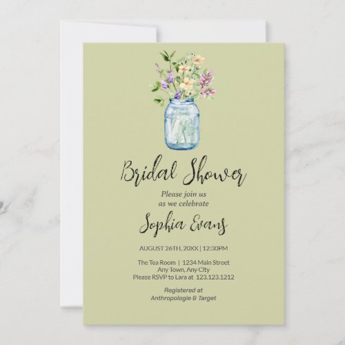 Mason Jars With Flowers Green Bridal Shower Invitation