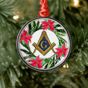 Masonic Freemason Masonry Wreath Poinsettia Metal Ornament