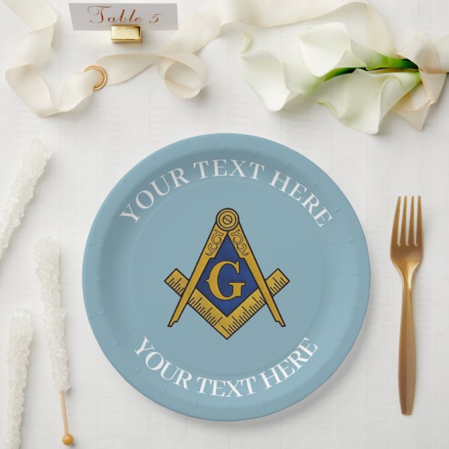 Masonic Freemason Square and Compass Blue  Paper Plates (Wedding)