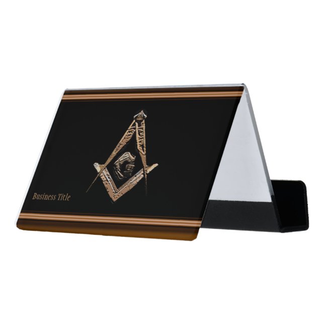 Masonic Minds (Golden) Desk Business Card Holder (Angled Back)