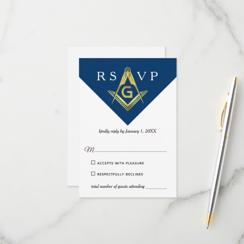 Masonic Navy Blue and Gold Elegant Freemason RSVP Card