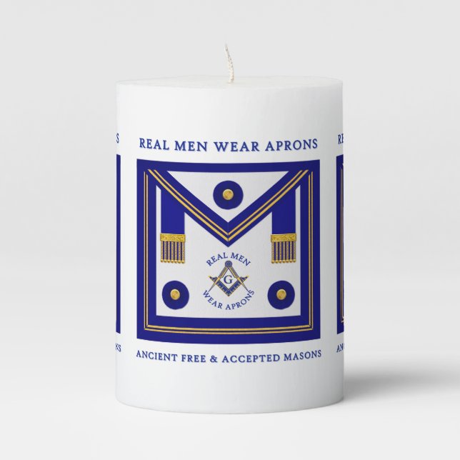 Masonic Real Men Wear Aprons Pillar Candle (Front)