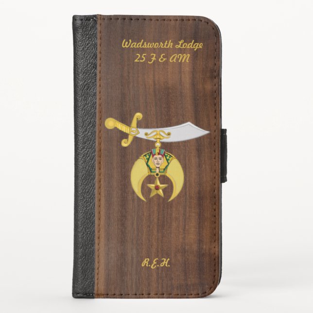 Masonic Shriners Symbol with Faux Wood Monogrammed iPhone Wallet Case (Front)