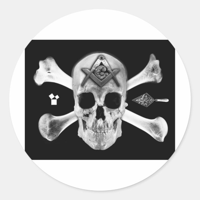 Masonic Skull & Bones, Square and Compass, Trowel, Classic Round Sticker (Front)