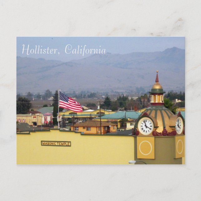 Masonic Temple Clock Tower in Hollister, CA Postcard (Front)