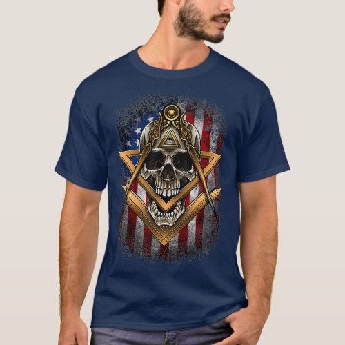 Masonic USA American Flag Skull Square  Compass T_Shirt