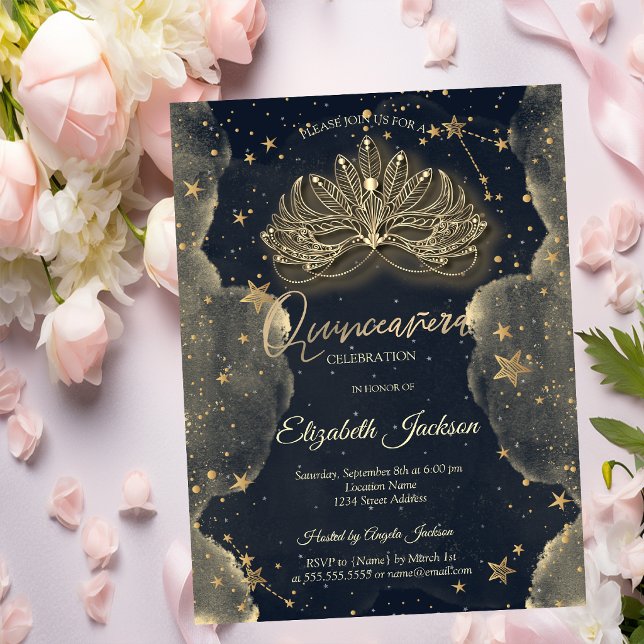 Masque Celestial Stars Clouds Gold Quinceanera  Invitation (Creator Uploaded)